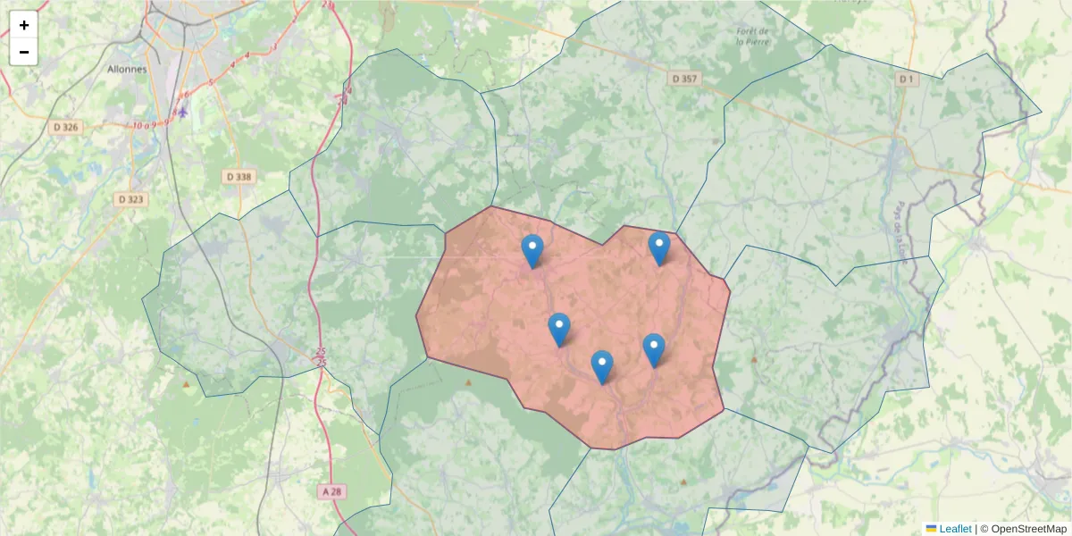 Carte de la zone du code postal  et des codes postaux voisins en France