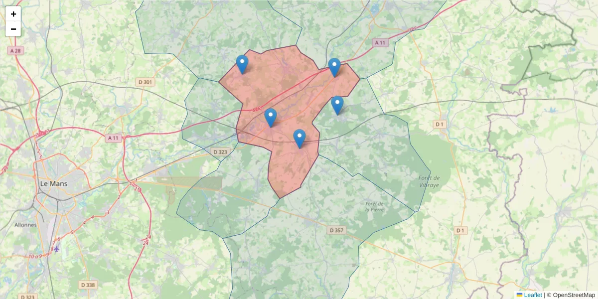 Carte de la zone du code postal  et des codes postaux voisins en France