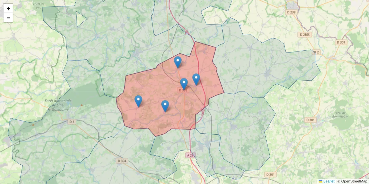 Carte de la zone du code postal  et des codes postaux voisins en France