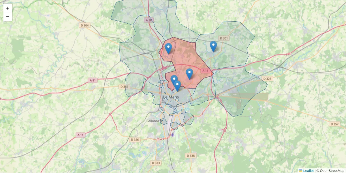 Carte de la zone du code postal  et des codes postaux voisins en France