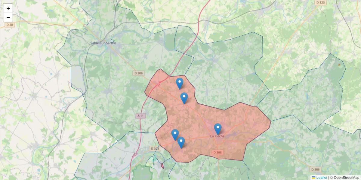 Carte de la zone du code postal  et des codes postaux voisins en France