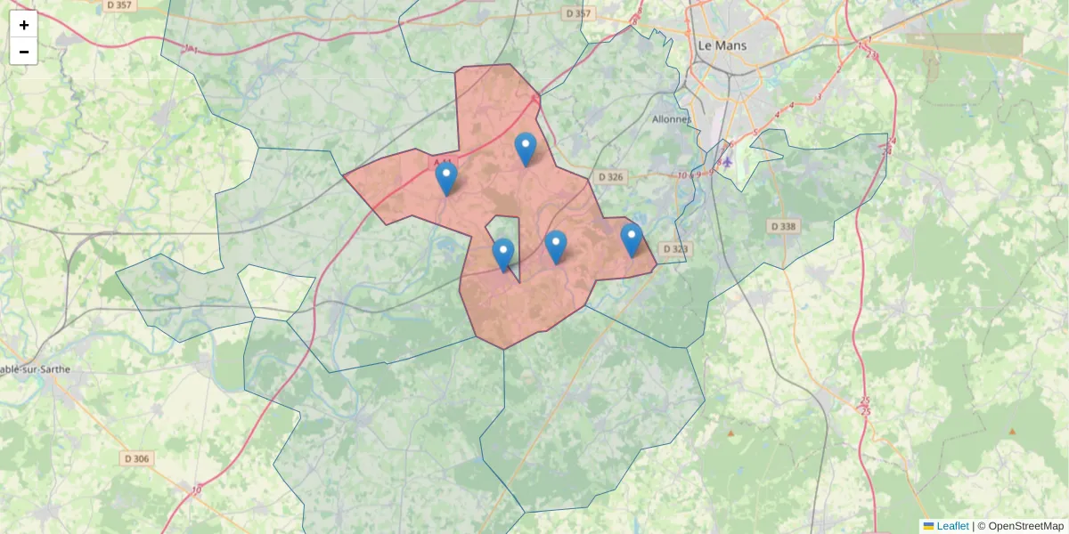 Carte de la zone du code postal  et des codes postaux voisins en France