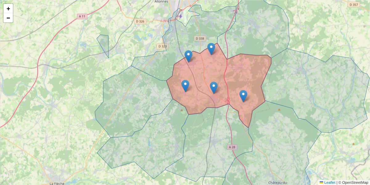 Carte de la zone du code postal  et des codes postaux voisins en France