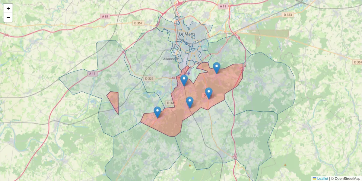 Carte de la zone du code postal  et des codes postaux voisins en France