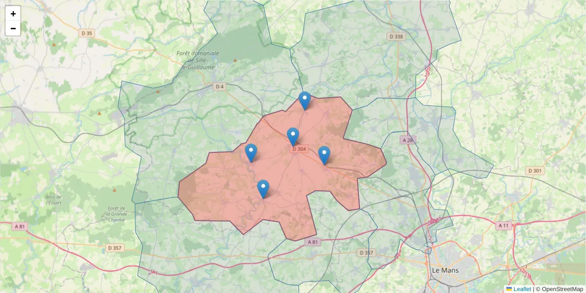 Carte de la zone du code postal  et des codes postaux voisins en France