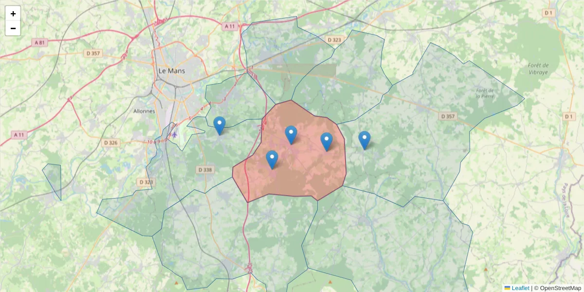 Carte de la zone du code postal  et des codes postaux voisins en France