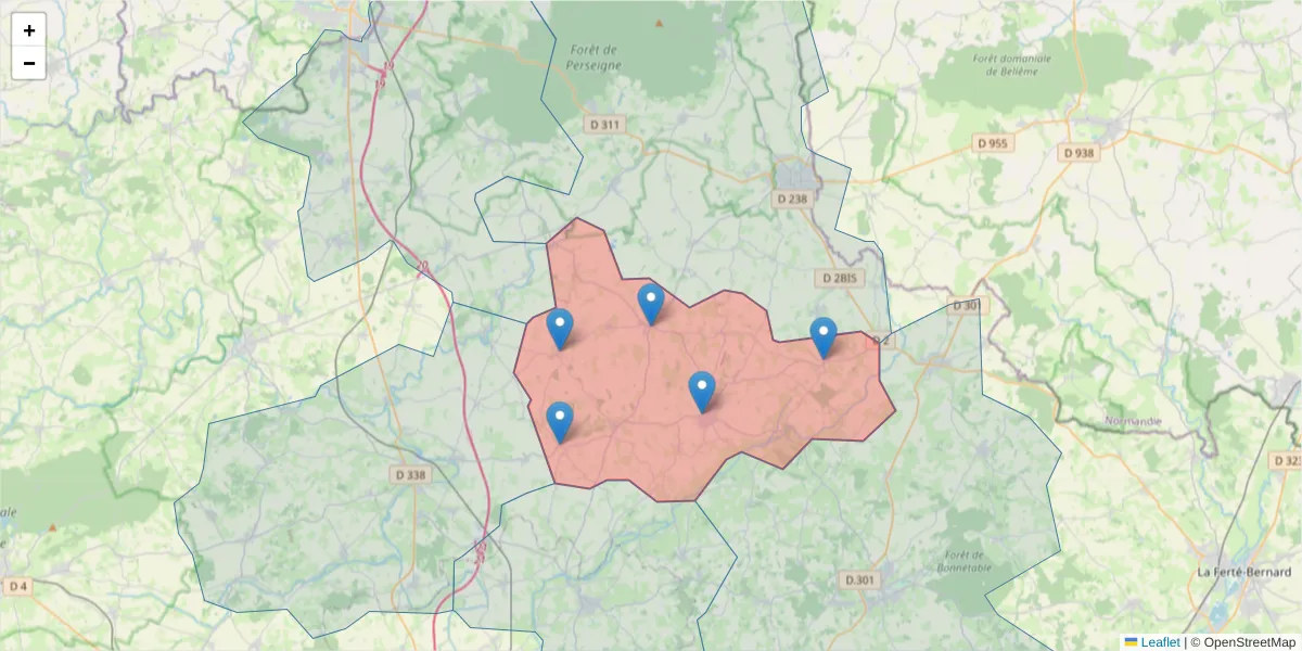 Carte de la zone du code postal  et des codes postaux voisins en France