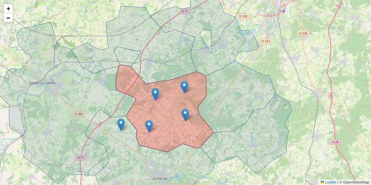 Carte de la zone du code postal  et des codes postaux voisins en France