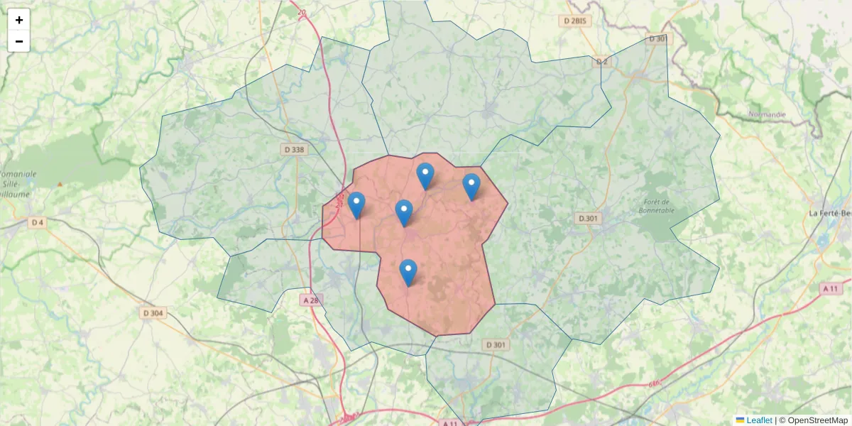 Carte de la zone du code postal  et des codes postaux voisins en France