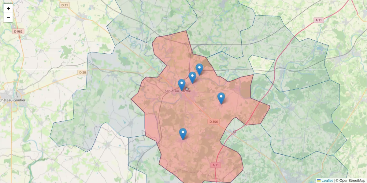 Carte de la zone du code postal  et des codes postaux voisins en France