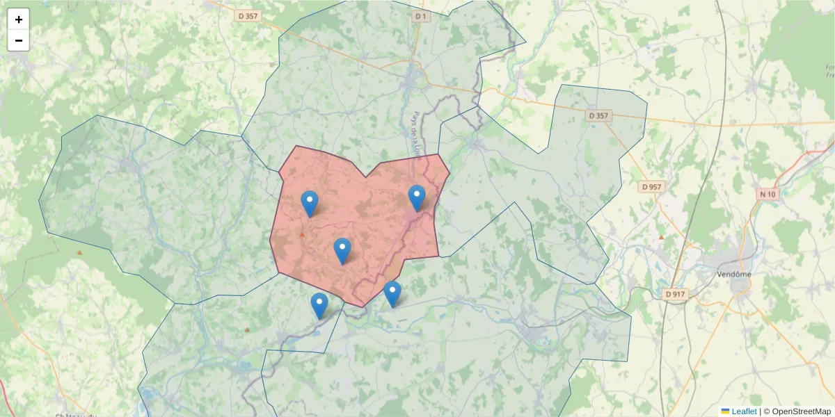 Carte de la zone du code postal  et des codes postaux voisins en France