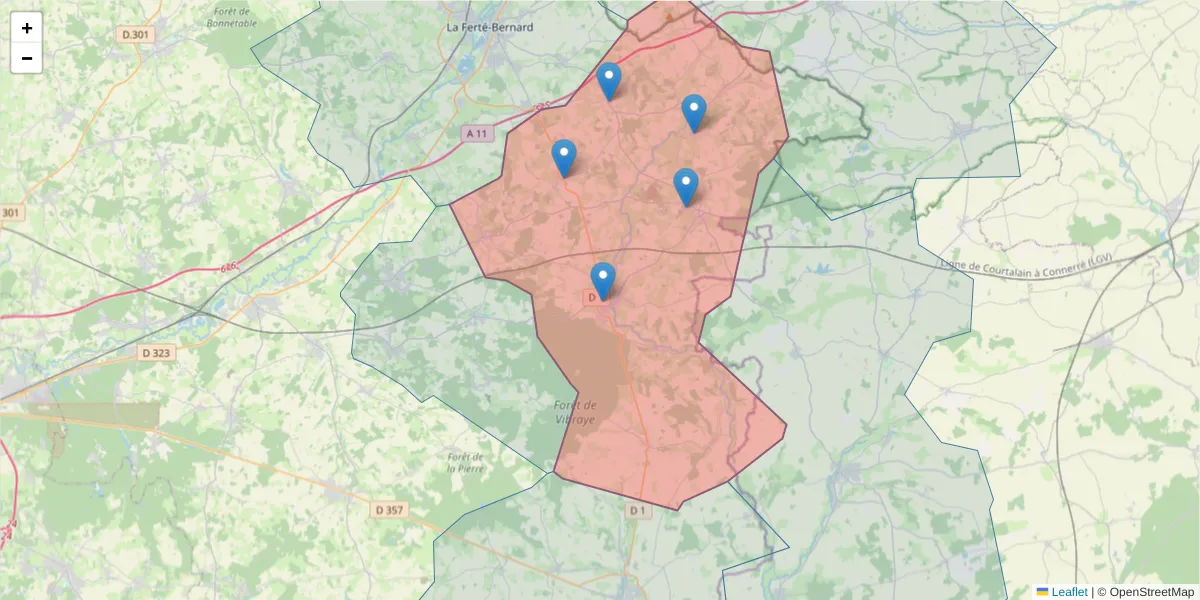Carte de la zone du code postal  et des codes postaux voisins en France