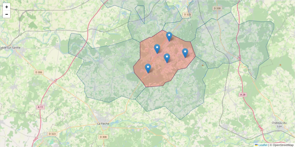 Carte de la zone du code postal  et des codes postaux voisins en France