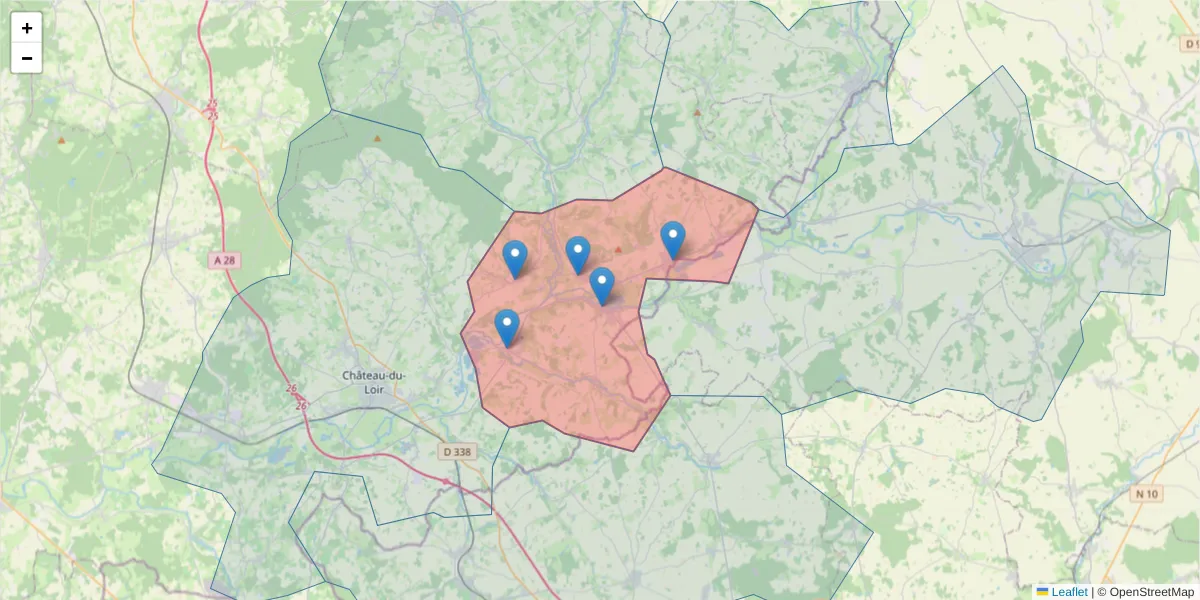 Carte de la zone du code postal  et des codes postaux voisins en France