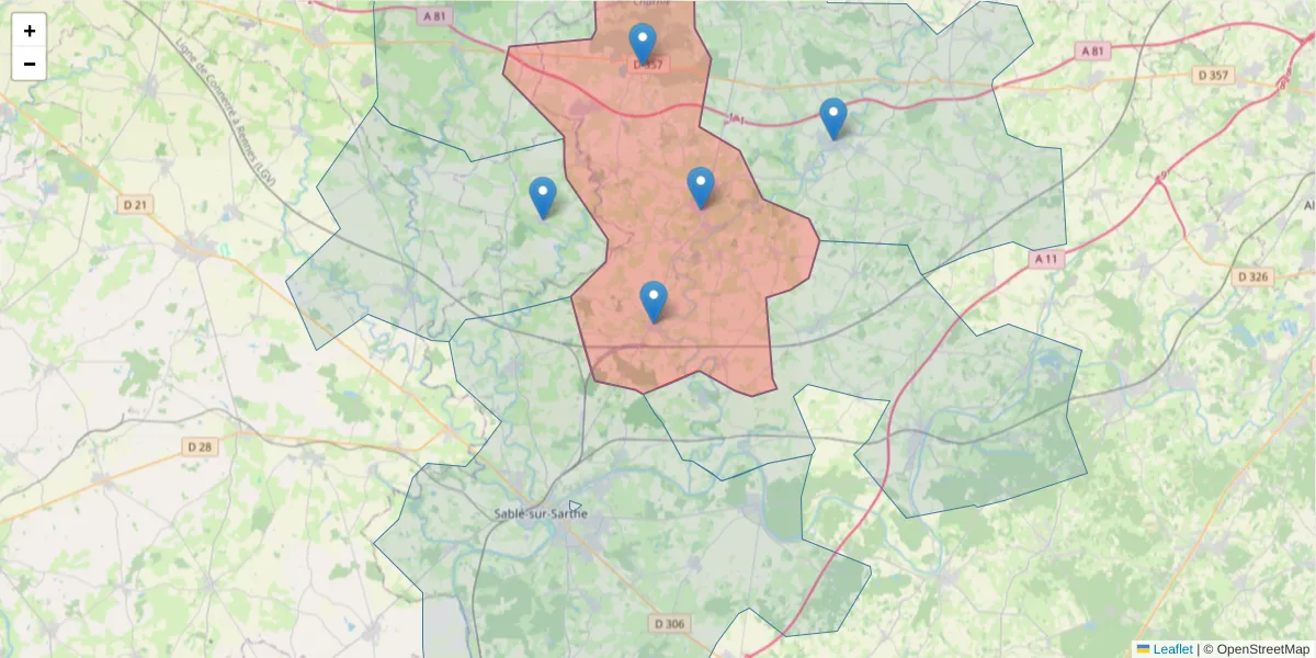 Carte de la zone du code postal  et des codes postaux voisins en France