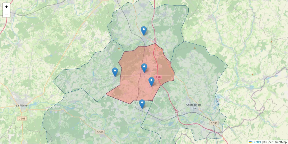 Carte de la zone du code postal  et des codes postaux voisins en France