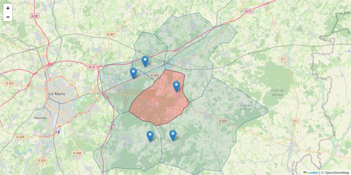 Carte de la zone du code postal  et des codes postaux voisins en France
