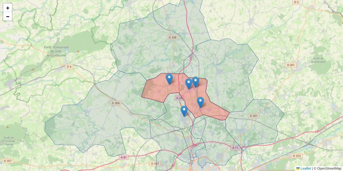 Carte de la zone du code postal  et des codes postaux voisins en France