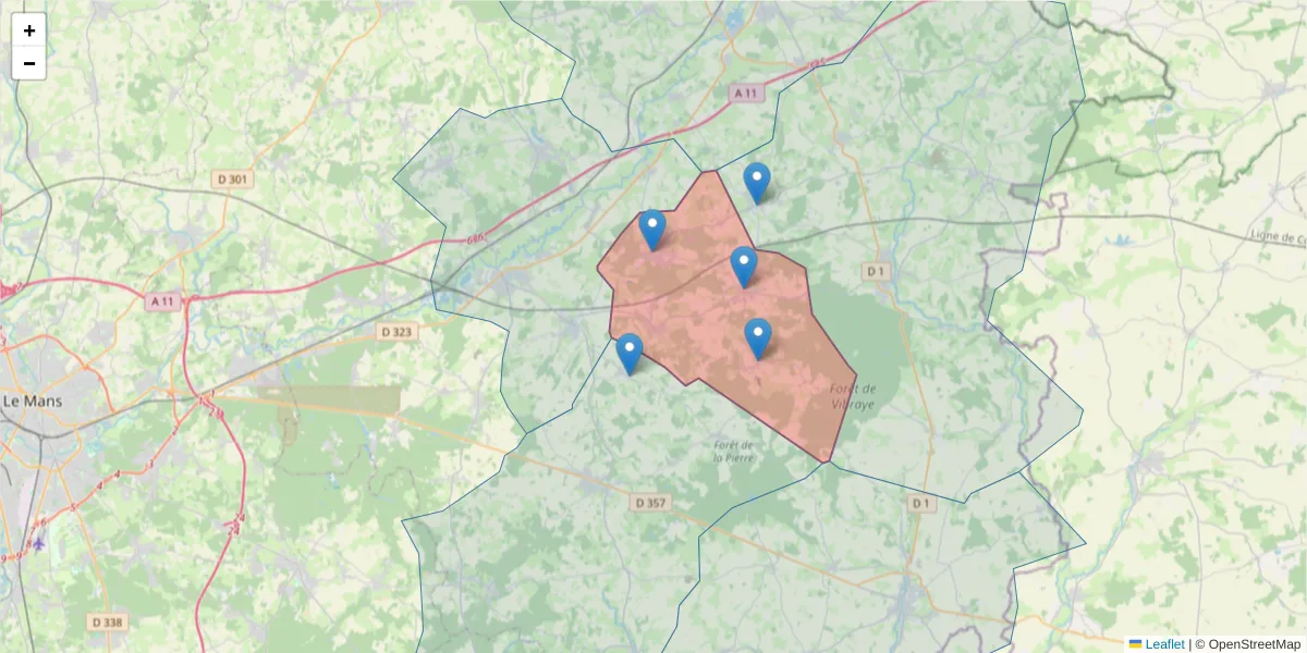 Carte de la zone du code postal  et des codes postaux voisins en France