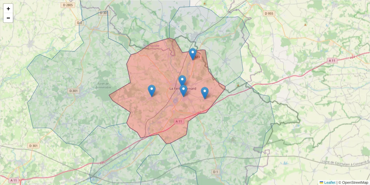 Carte de la zone du code postal  et des codes postaux voisins en France