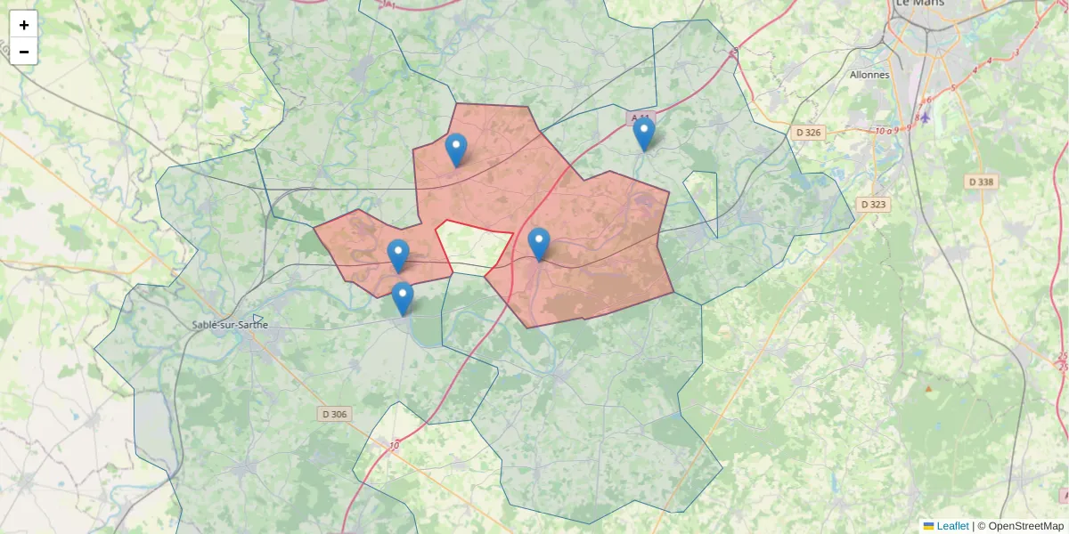 Carte de la zone du code postal  et des codes postaux voisins en France