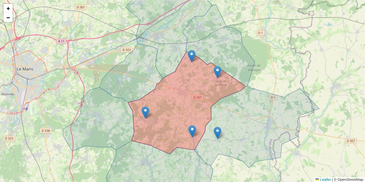Carte de la zone du code postal  et des codes postaux voisins en France