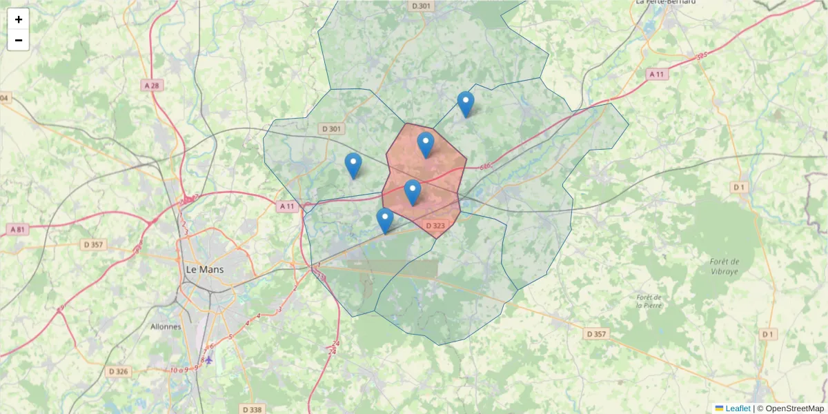 Carte de la zone du code postal  et des codes postaux voisins en France
