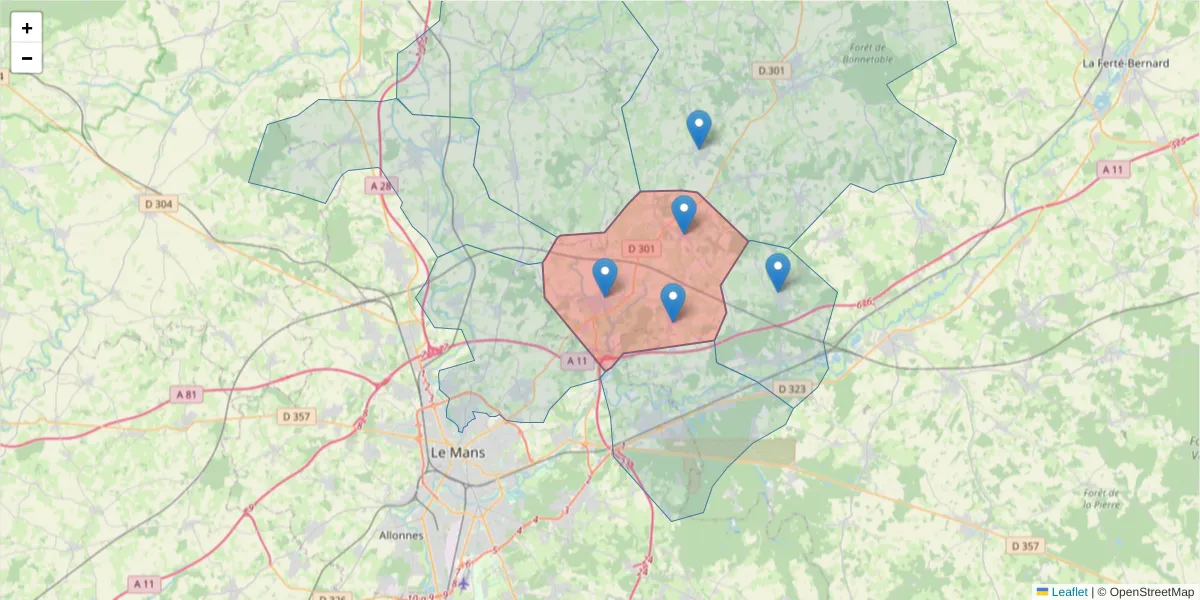 Carte de la zone du code postal  et des codes postaux voisins en France