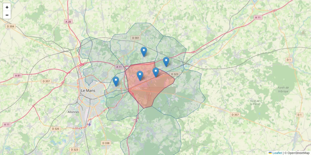 Carte de la zone du code postal  et des codes postaux voisins en France
