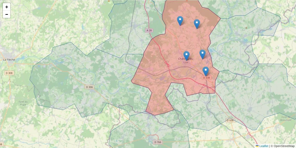 Carte de la zone du code postal  et des codes postaux voisins en France