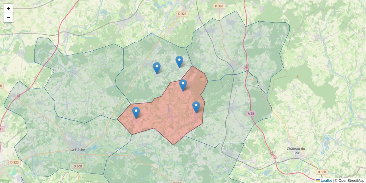 Carte de la zone du code postal  et des codes postaux voisins en France