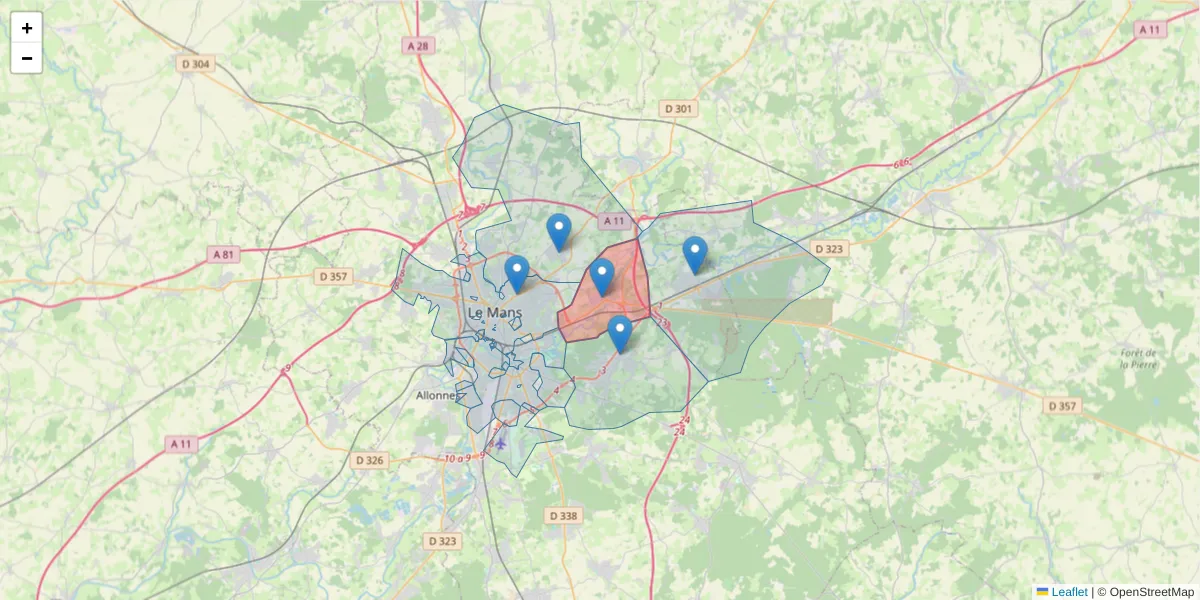 Carte de la zone du code postal  et des codes postaux voisins en France
