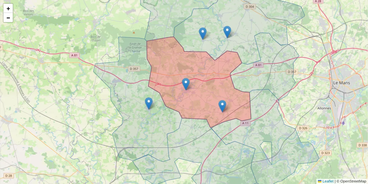 Carte de la zone du code postal  et des codes postaux voisins en France
