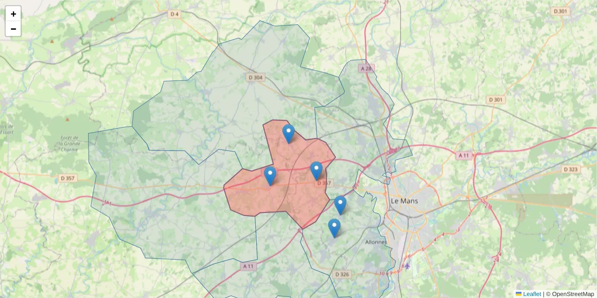 Carte de la zone du code postal  et des codes postaux voisins en France