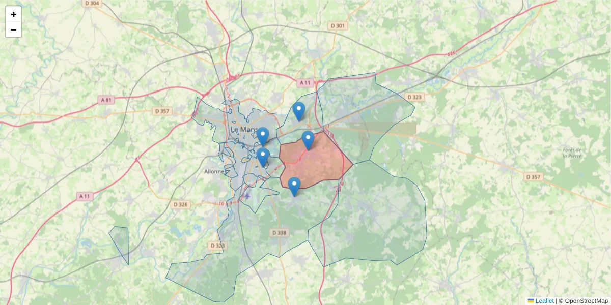 Carte de la zone du code postal  et des codes postaux voisins en France