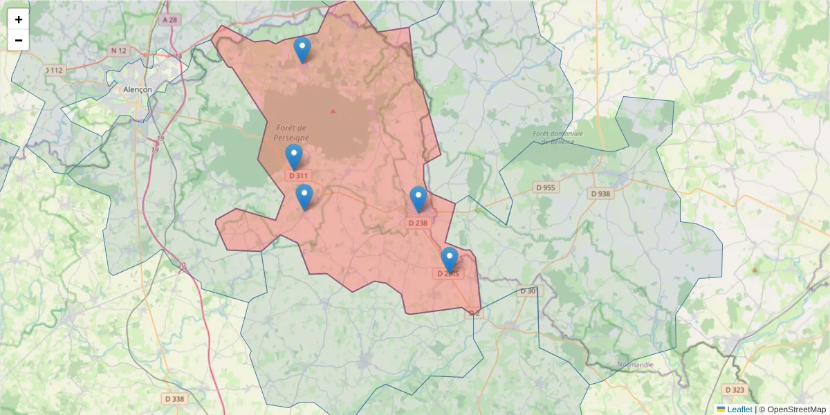 Carte de la zone du code postal  et des codes postaux voisins en France