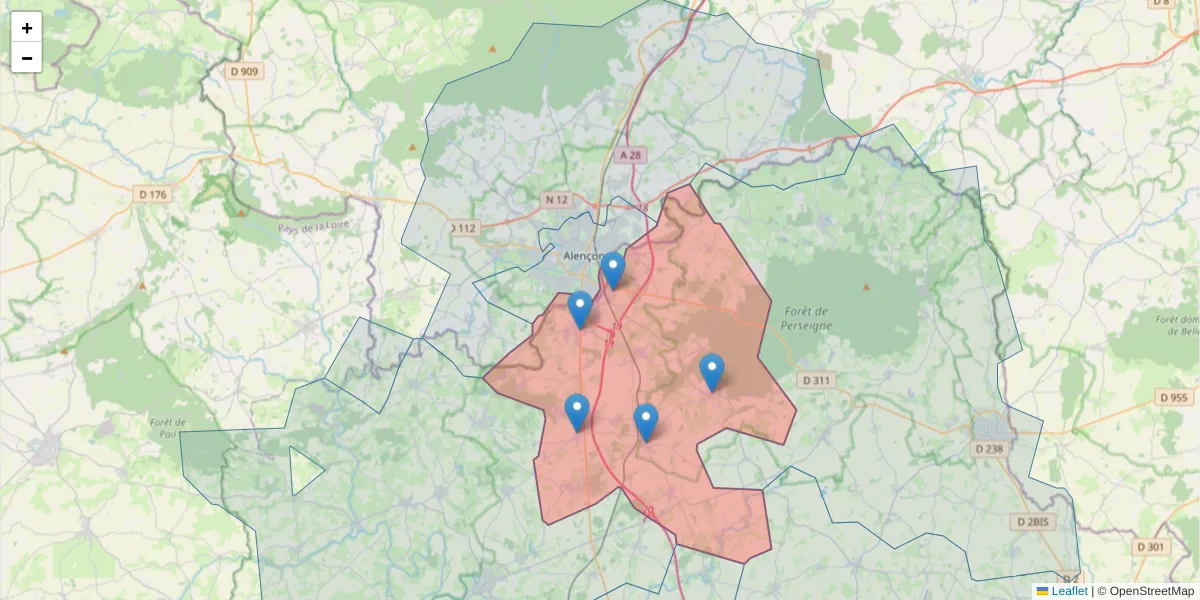 Carte de la zone du code postal  et des codes postaux voisins en France
