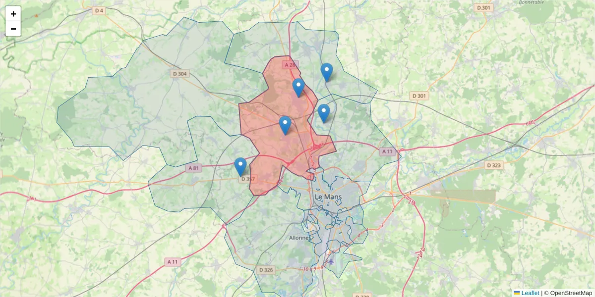 Carte de la zone du code postal  et des codes postaux voisins en France
