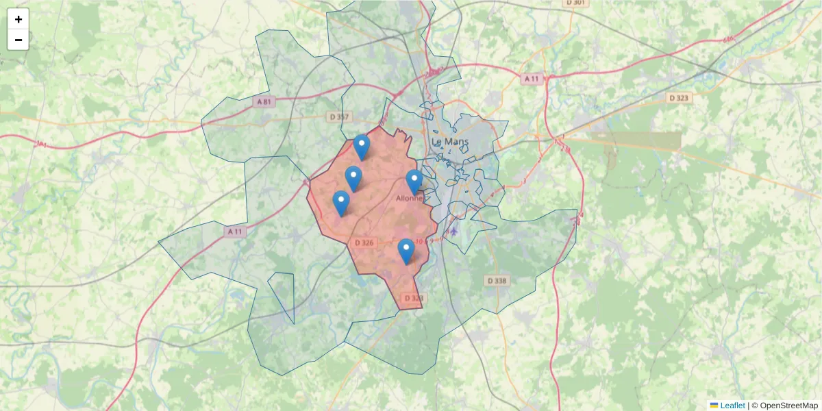 Carte de la zone du code postal  et des codes postaux voisins en France