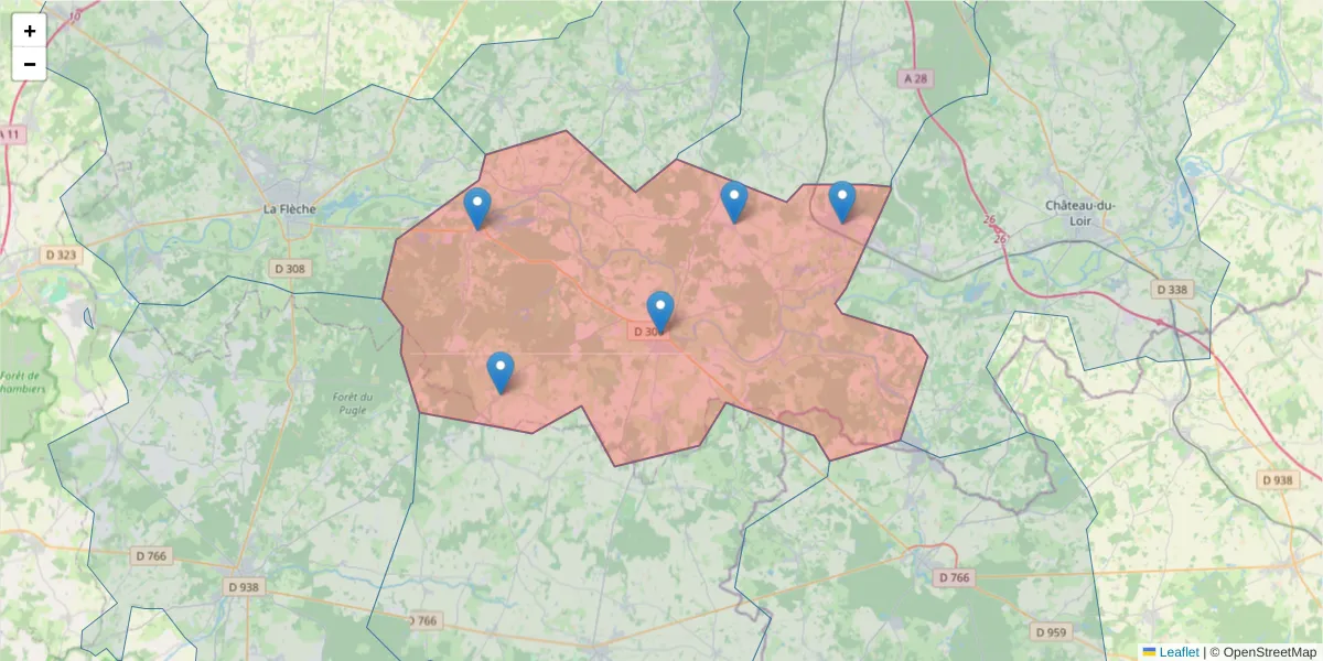 Carte de la zone du code postal  et des codes postaux voisins en France