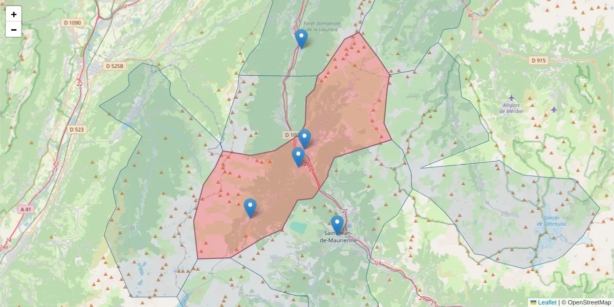 Carte de la zone du code postal  et des codes postaux voisins en France