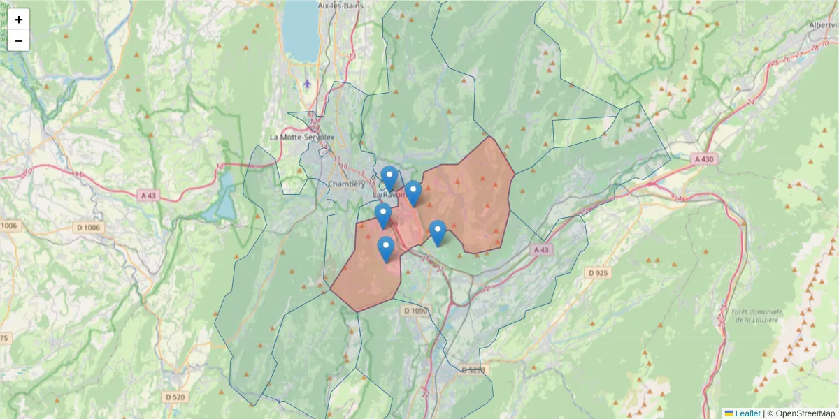 Carte de la zone du code postal  et des codes postaux voisins en France