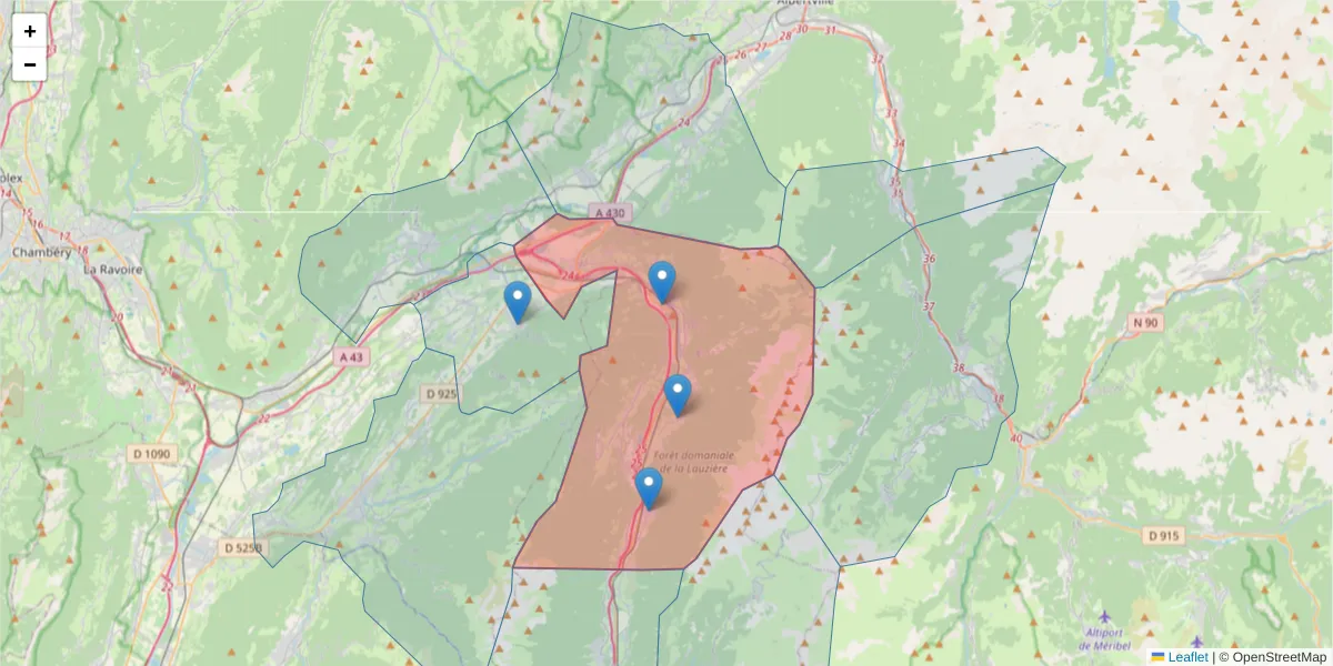 Carte de la zone du code postal  et des codes postaux voisins en France