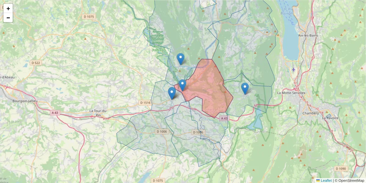 Carte de la zone du code postal  et des codes postaux voisins en France