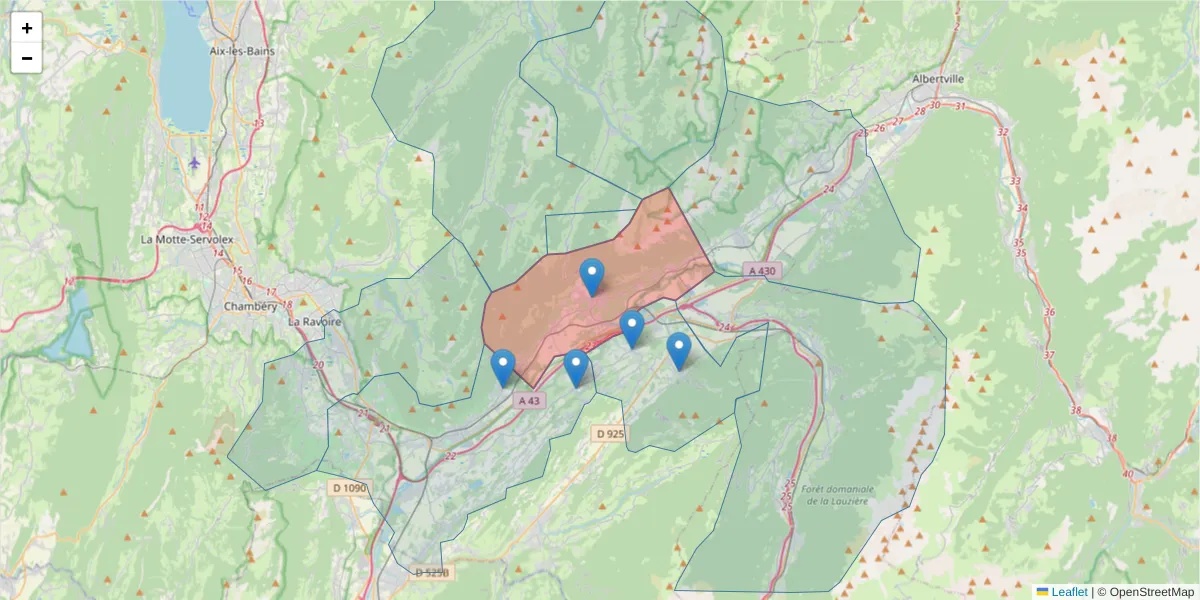 Carte de la zone du code postal  et des codes postaux voisins en France