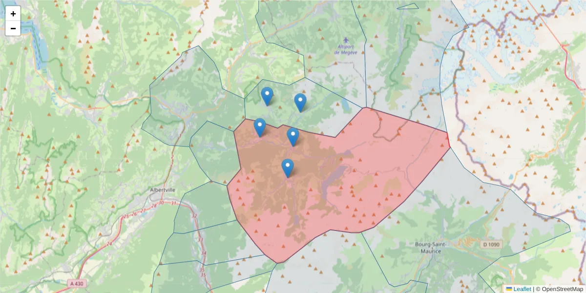 Carte de la zone du code postal  et des codes postaux voisins en France