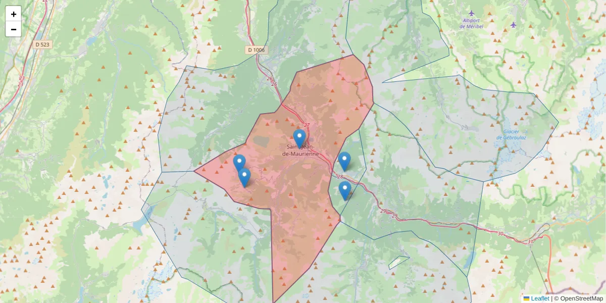 Carte de la zone du code postal  et des codes postaux voisins en France