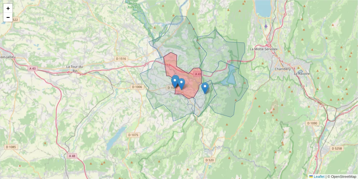 Carte de la zone du code postal  et des codes postaux voisins en France
