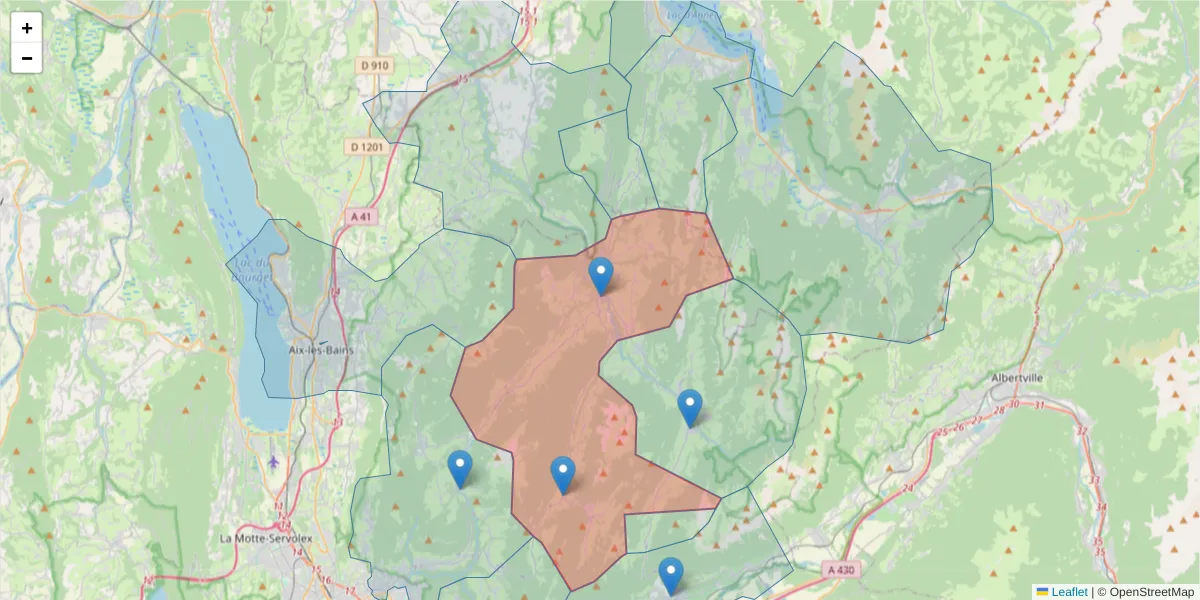 Carte de la zone du code postal  et des codes postaux voisins en France