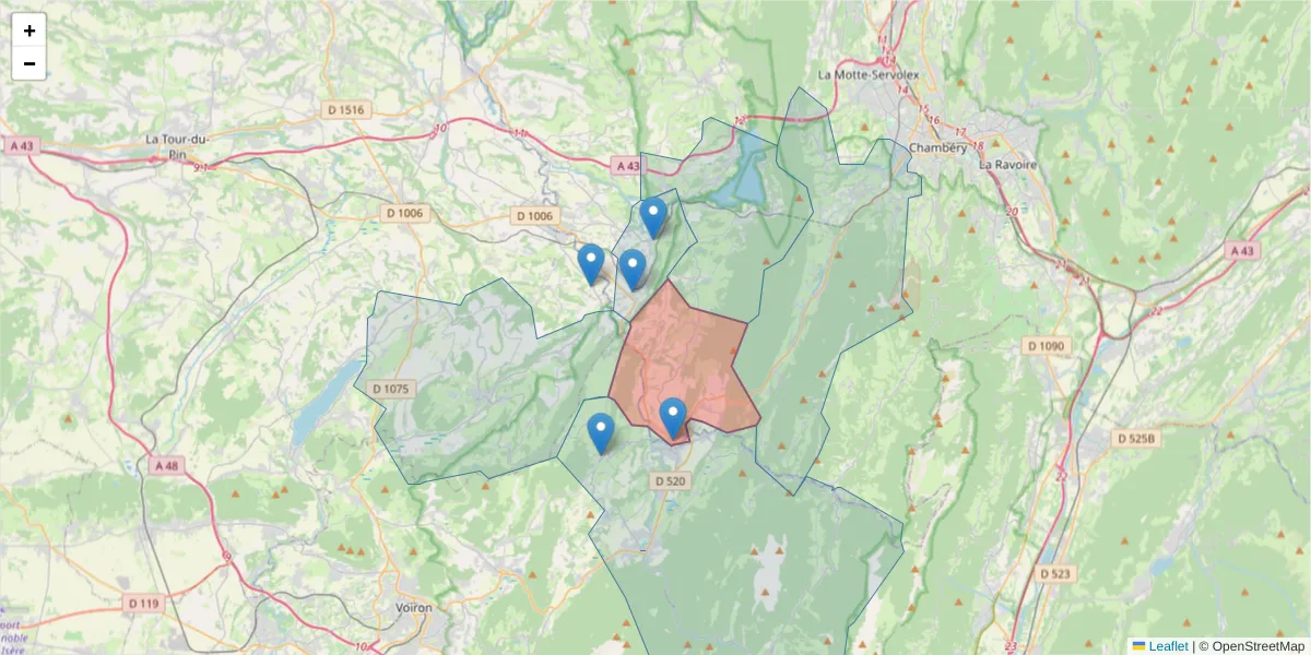 Carte de la zone du code postal  et des codes postaux voisins en France